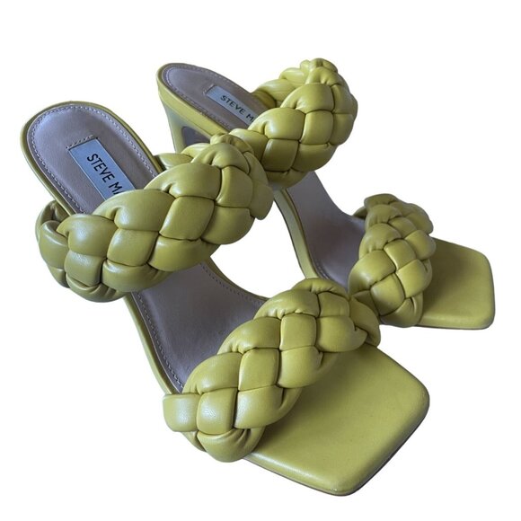 Steve Madden 8.5 Kenley Heel Puffy Braided Leather Square Toe Sandals Yellow - Picture 3 of 6